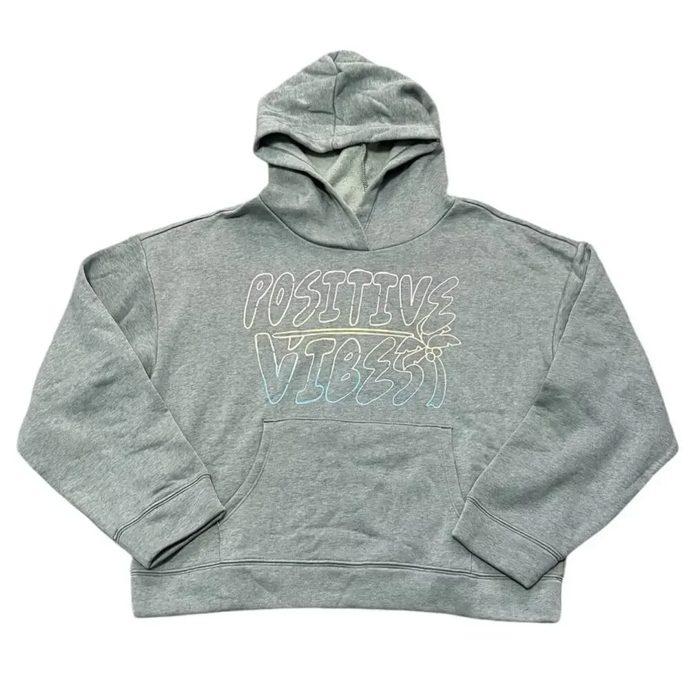 Old Navy Girls Positive Vibes Fleece Heathered Green Hooded Sweatshirt XXL NWT